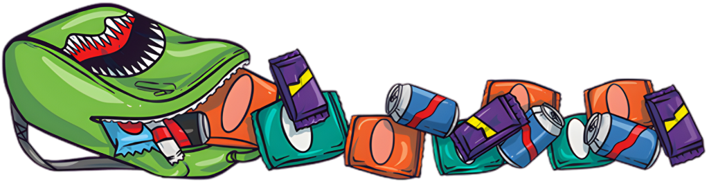 A cartoon dinosaur happily munching on a stack of colorful books, surrounded by scattered pages - snack box.